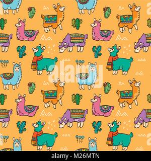 Carino delineare seamless pattern con llama. Inchiostro illustrazione vettoriale. Per i bambini e per i libri da colorare. Animali pelosi raccolta Illustrazione Vettoriale