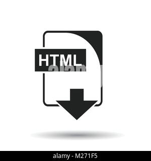 Icona HTML. Appartamento illustrazione vettoriale. HTML scarica simbolo segno con ombra su sfondo bianco. Illustrazione Vettoriale