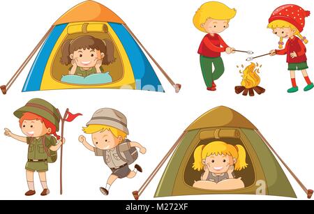 Dei bambini felici di fare diverse attività per camping illustrazione Illustrazione Vettoriale