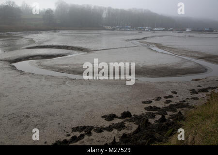 Si snoda nel canale di fango la bassa marea fiume Deben, Kirton Creek, Suffolk, Inghilterra, Regno Unito Foto Stock