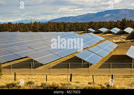 Filo spinato e recinzioni ciclone circondano un solare agriturismo vicino a Redmond, Oregon Foto Stock