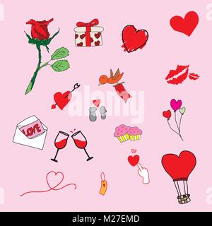 Progettazione di San Valentino icon set minimo di stile doodle per decorazione, sito web, pagina di presentazione. Illustrazione Vettoriale