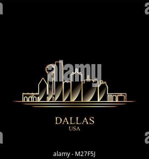 Silhouette di oro di Dallas su sfondo nero, illustrazione vettoriale Illustrazione Vettoriale