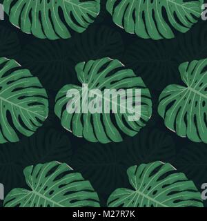 Exotic seamless pattern. Illustrazione Vettoriale di pianta tropicale lascia su di uno sfondo scuro Illustrazione Vettoriale