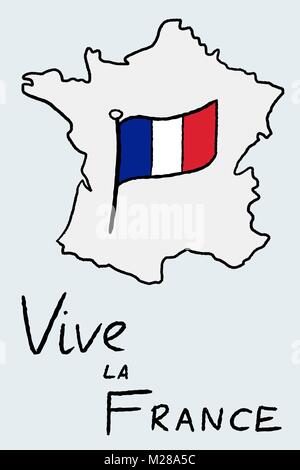 Mappa Francia e vettore di flag - doodle style illustrazione. Vive la France. Illustrazione Vettoriale