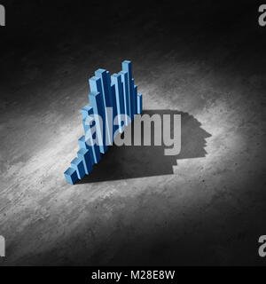 Attività di analisi dei dati come un astratto grafico finanziario e lo schema delle finanze getta un' ombra a forma di testa umana come 3D'illustrazione. Foto Stock