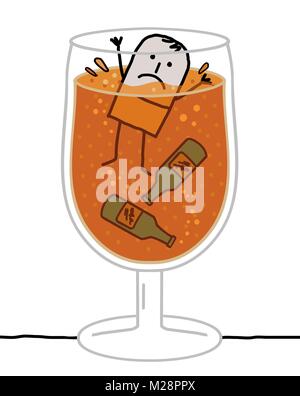 Cartoon uomo alcolica annegamento in un bicchiere di birra Illustrazione Vettoriale