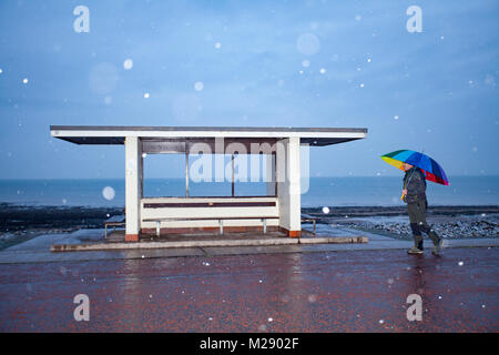 Llandudno, Galles, 6 febbraio 2018. Regno Unito Meteo. Come predetto un avviso di colore giallo per la neve per il Galles del Nord oggi con alcune parti che ricevono fino a 8cm su terra superiore. Molto inusuale neve per la località costiera di Llandudno nel Galles del Nord come questo peson scoperto sul lungomare nella neve © DGDImages/Alamy Live News Foto Stock