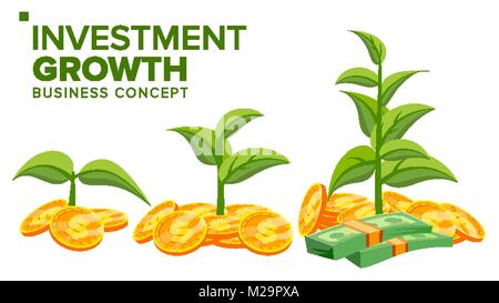La crescita aziendale concetto vettore. Pianta dal denaro. Le monete d'oro. Il successo aziendale. Piatto isolato Cartoon illustrazione Illustrazione Vettoriale