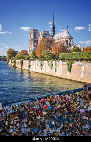 Amore di armadietti su un ponte, Notre Dame de Paris e il fiume Senna, Parigi, Francia Foto Stock