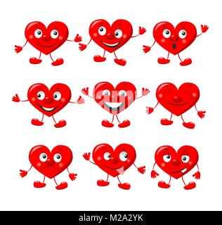 Funny cuori rossi. Cartone animato cuore allegro, caratteri per il giorno di San Valentino. Illustrazione Vettoriale