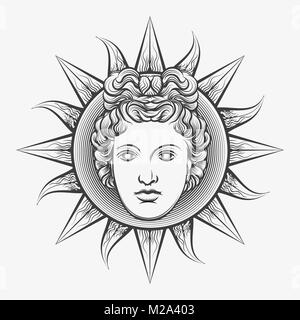 Apollo sun. Romani antichi apollo sun faccia Dio incisione illustrazione vettoriale o attacco chimico isolato su sfondo bianco Illustrazione Vettoriale