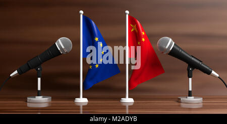 Relazione tra Unione europea e Cina. Microfoni a cavo su sorge su uno sfondo di legno, banner. 3d illustrazione Foto Stock