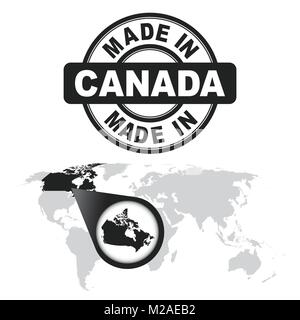 Realizzato in Canada il timbro. Mappa del mondo con lo zoom sul paese. Emblema del vettore in uno stile piatto su sfondo bianco. Illustrazione Vettoriale