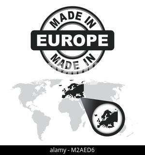 In Europa il timbro. Mappa del mondo con lo zoom sul paese. Emblema del vettore in uno stile piatto su sfondo bianco. Illustrazione Vettoriale