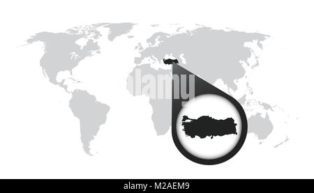 Mappa del mondo con lo zoom sulla Turchia. Mappa nella lente di ingrandimento. Illustrazione Vettoriale in stile piatto Illustrazione Vettoriale