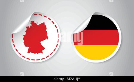 Germania adesivo con bandiera e la mappa. Etichetta, etichetta rotonda con il paese. Illustrazione Vettoriale su sfondo grigio. Illustrazione Vettoriale