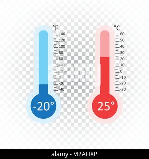 Celsius e Fahrenheit termometri icona con diversi livelli. Appartamento illustrazione vettoriale su sfondo isolato. Illustrazione Vettoriale