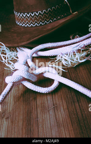 La peste il cappello da cowboy e lazo giacciono su vecchie schede sul ranch Foto Stock