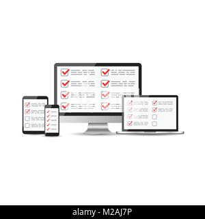 Il sondaggio online, lista di controllo set. Tablet, computer, cellulare schermo vuoto. Feedback il concetto di business. Appartamento illustrazione vettoriale per il sito web mobile app. Illustrazione Vettoriale