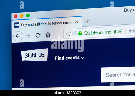LONDON, Regno Unito - 8 gennaio 2018: la homepage del sito ufficiale di StubHub - il biglietto online società di scambio di proprietà di eBay il 8 gennaio 201 Foto Stock