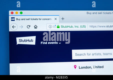 LONDON, Regno Unito - 8 gennaio 2018: la homepage del sito ufficiale di StubHub - il biglietto online società di scambio di proprietà di eBay il 8 gennaio 201 Foto Stock