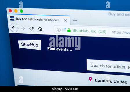 LONDON, Regno Unito - 8 gennaio 2018: la homepage del sito ufficiale di StubHub - il biglietto online società di scambio di proprietà di eBay il 8 gennaio 201 Foto Stock