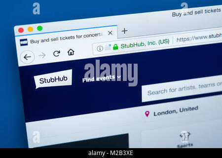 LONDON, Regno Unito - 8 gennaio 2018: la homepage del sito ufficiale di StubHub - il biglietto online società di scambio di proprietà di eBay il 8 gennaio 201 Foto Stock