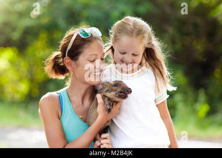 Bambini a giocare con gli animali della fattoria. Bambino alimentazione di animale domestico. Giovane madre e bambina tenendo il cinghiale baby al giardino zoologico. Kid giocando con newbo Foto Stock