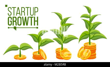La crescita aziendale concetto vettore. Albero che cresce sulle monete. Il successo aziendale. Pila di monete di denaro. Piatto isolato Cartoon illustrazione Illustrazione Vettoriale