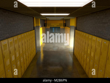 Uno sguardo verso il basso una ben illuminata e pulire le scuole corridoio di armadietti giallo - 3D render Foto Stock