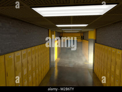 Uno sguardo verso il basso una ben illuminata e pulire le scuole corridoio di armadietti giallo - 3D render Foto Stock