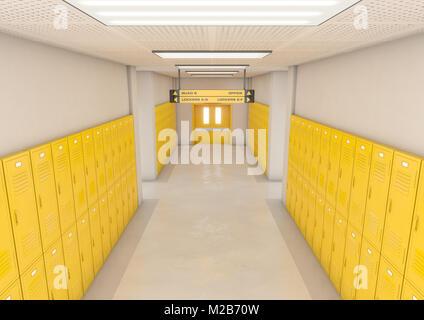 Uno sguardo verso il basso una ben illuminata e pulire le scuole corridoio di armadietti giallo - 3D render Foto Stock