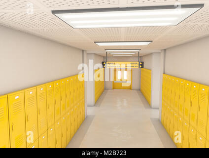 Uno sguardo verso il basso una ben illuminata e pulire le scuole corridoio di armadietti giallo - 3D render Foto Stock