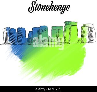 Stonehenge Inghilterra Sketch, disegnato a mano illustrazione di contorno per il progetto di stampa e travel marketing Illustrazione Vettoriale