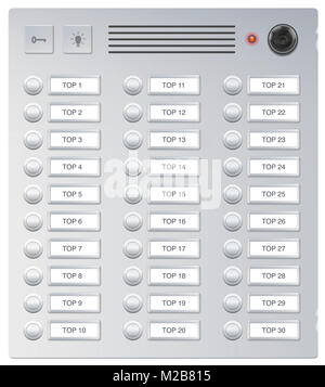 Campanelli). Impianto videocitofonico di appartamento edificio con nome anonimo piastre dei residenti sconosciuto - illustrazione su bianco backgro Foto Stock