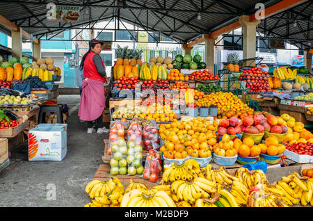 Ambato, Ecuador, Dicembre 20, 2017: donna ecuadoriana fruttivendola di fronte a lei visualizza di frutti tropicali in un mercato Foto Stock