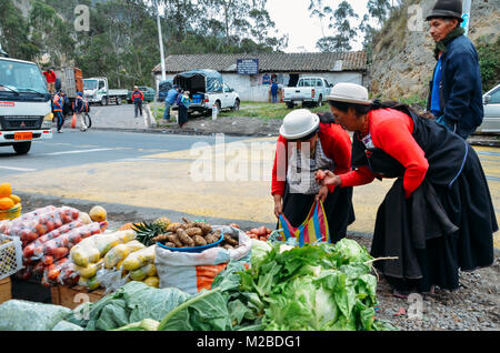 Ambato, Ecuador, Dicembre 20, 2017: tradizionalmente condita donne ecuadoriane ispezionando le verdure in un mercato Foto Stock