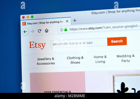 LONDON, Regno Unito - 10 GENNAIO 2018: la homepage del sito ufficiale di Etsy - il sito Web di e-commerce incentrato su fatti a mano unici o oggetti vintage, o Foto Stock