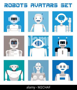 Variegata serie di robot volti e teste per utilizzati come caratteri di avatar. Fantasiose e cordiale colorata collezione di felice andorids per dare un nuovo un Illustrazione Vettoriale