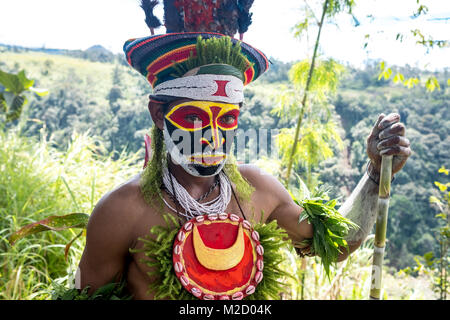 Un tribesman dipinto e vestito per la Mount Hagen Spettacolo Culturale in Papua Nuova Guinea Foto Stock