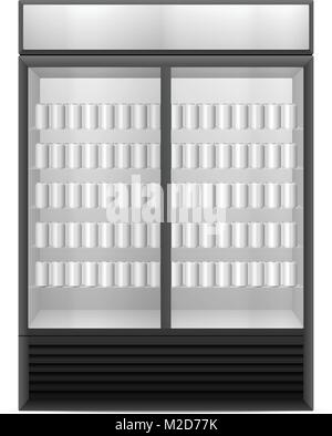 Visualizzare frigo con bevande lattine su uno sfondo bianco. Illustrazione Vettoriale