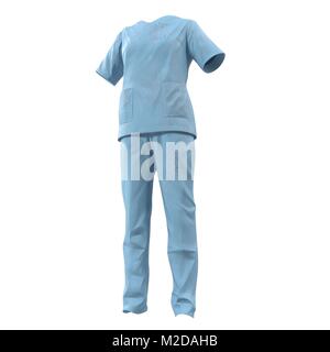 Operazione blu abbigliamento per donna macchiato di sangue isolato su bianco. 3D illustrazione Foto Stock