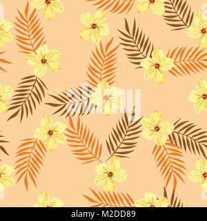 Seamless pattern tropicale con giallo Giamaica fiori e foglie. Illustrazione Vettoriale