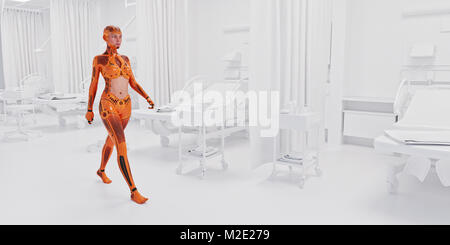 Orange android Donna che cammina in ospedale bianco Foto Stock