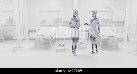 Robot infermieri parlando in ospedale Foto Stock