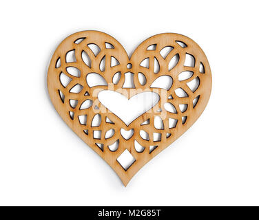 Cuore di legno isolato isolato sulla maschera di ritaglio su sfondo bianco, vista dall'alto illustrazione per il giorno di san valentino o matrimoni Foto Stock