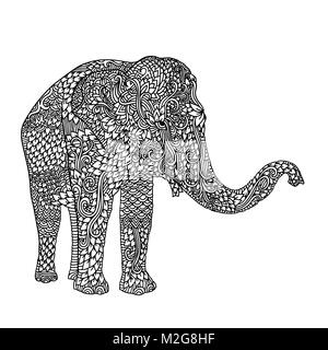 Elefante in stile asiatico. Mandala pattern per adulto libro da colorare. Il vettore in bianco e nero illustrazione. Illustrazione Vettoriale