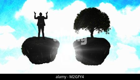 Persona raggiungendo le braccia con surreale struttura flottante in cielo Foto Stock