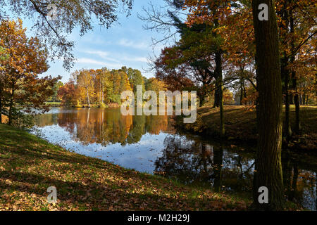 Sunny autumn landscape - parco in colori dorati, fluviale che conduce al laghetto con una pittoresca isola, ingiallito lascia dominare nella foto Foto Stock